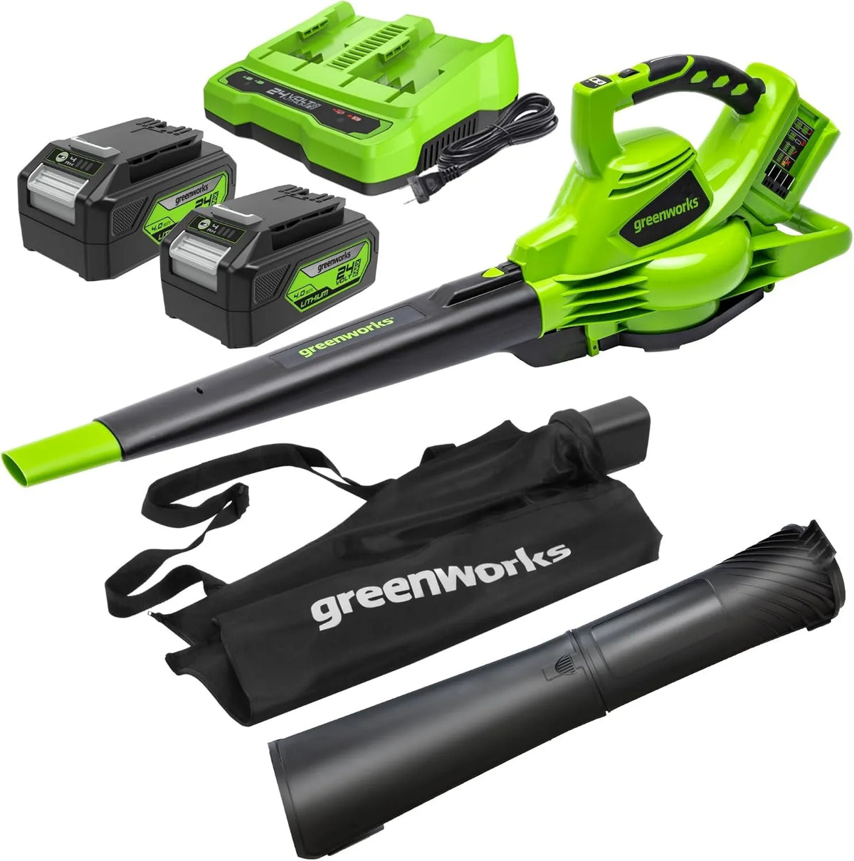 Greenworks, Odkurzacz 322km / h 4Ah, 45 l, 24 V, 3-letnia gwarancja GD24X2BVK4X, 48, Torba Mushing 45 l, 9m3 / min 322km/h