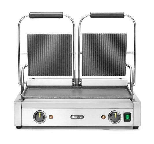 HENDI grill elektryczny, Kontakt grill Podwójne płyty elektryczne, gładkie i błyszczące, do profesjonalnego talerza Panini, 230 V, 3600 W, 570x375x, Stal, 216