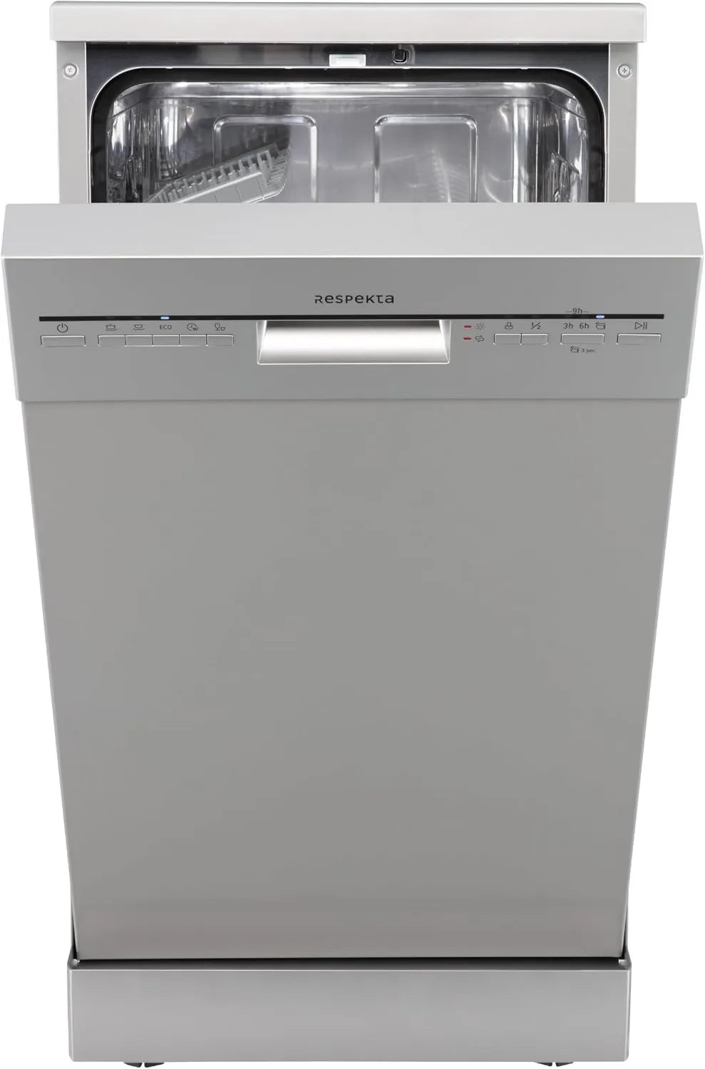 Respekta zmywarka wolnostojąca, zmywarka, 45 cm, 5 programów, 49 dB, klasa energetyczna D, szczupły format, wolna poza, srebro, opóźniony start, automatyczne otwarcie
