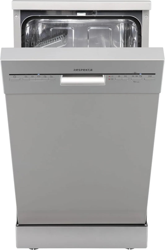 Respekta zmywarka wolnostojąca, zmywarka, 45 cm, 5 programów, 49 dB, klasa energetyczna D, szczupły format, wolna poza, srebro, opóźniony start, automatyczne otwarcie