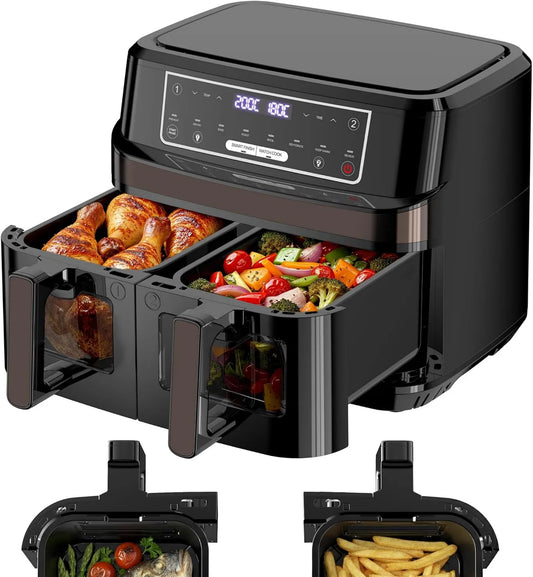 Frytkownica beztłuszczowa, 2600 W, sterowanie dotykowe, Frytkownica na gorące powietrze, dwie strefy, oddzielne zasady temperatury, podwójna komora