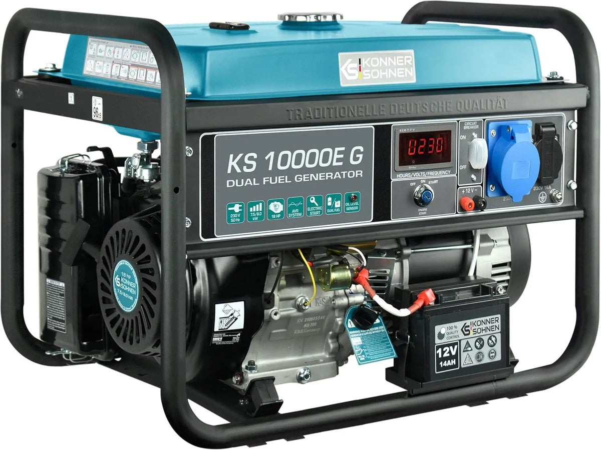 KS 10000E generator prądu, 8000 W, 230 V, praca automatyczna, automatyczny regulator napięcia, wskaźnik niskiego poziomu oleju, licznik godzin